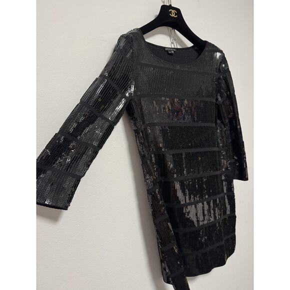 Theory Dress Womens Small Black Harmen Sequin Shift 3/4 Sleeve Mini Party - Picture 2 of 14